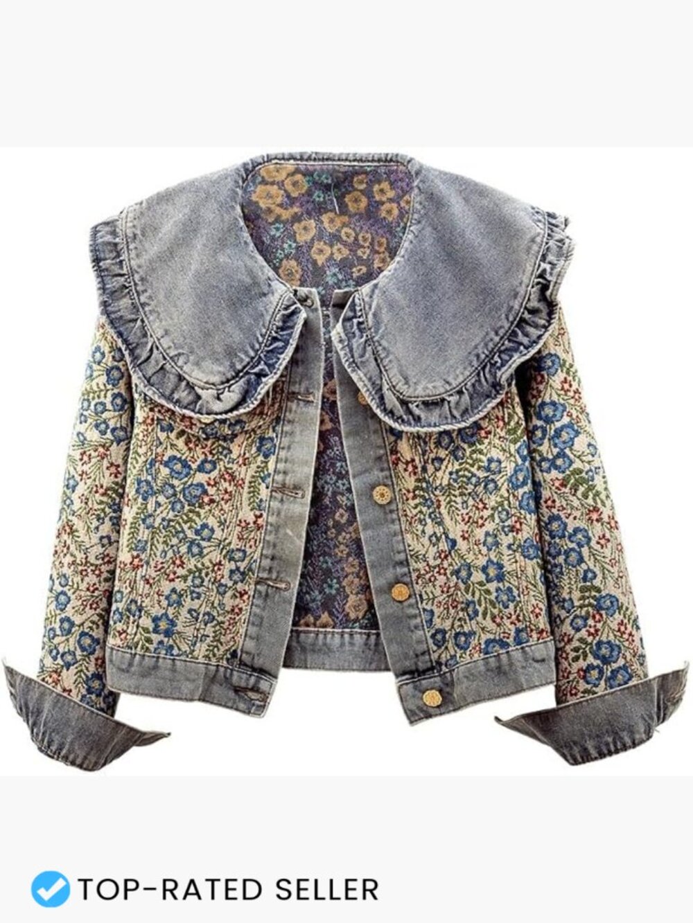 Cropped Denim Jacket Floral Embroidery Peter Pan Collar Relaxed Fit Long Sleeve